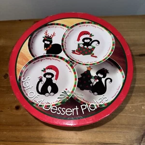 Cats Christmas Dessert Plates 2005 Stoneware Set Of 4 Meowy Christmas - Picture 1 of 7