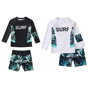 Kids Boys 2Pcs Swimsuit Long Sleeve Rashguard Swimwear Pullover Boyshorts Set - Picture 1 of 19