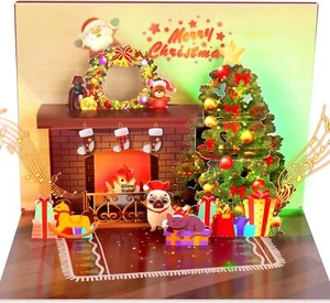 Christmas Card Pop Up with Light and Music 3D Santa Fireplace Greeting Card - Picture 1 of 6