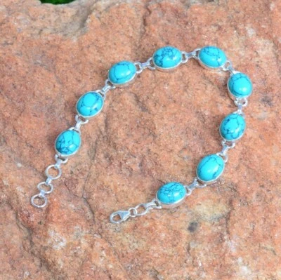 AAA+Blue Turquoise Oval Gemstone 925 Sterling Silver Charm Bracelet Gift For Her - Image 1 of 4