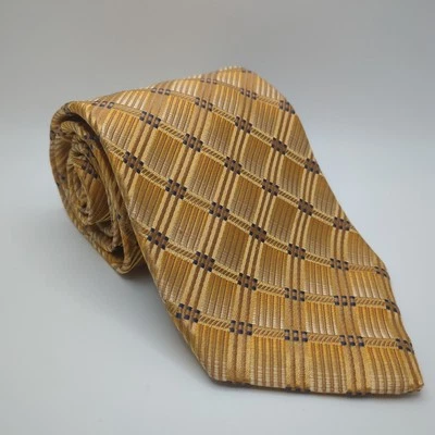 Corbata XMI dorada con bloques azules (3 3/4" de ancho, geométrica, prendas para el cuello, 100 % seda, EE. UU.) Foto 1 de 4