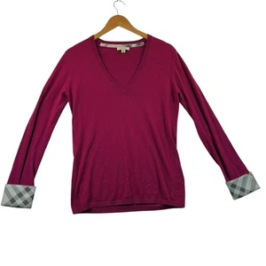 BURBERRY BRIT Sweater Women's M Magenta Plaid Trim Cashmere Blend Nova Check - Picture 1 of 16