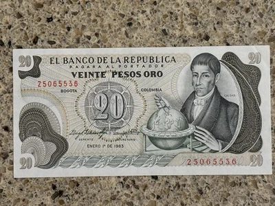 ⭐️UNCIRCULATED⭐️ 1983 Colombia 20 Pesos Banknote - Image 1 of 4