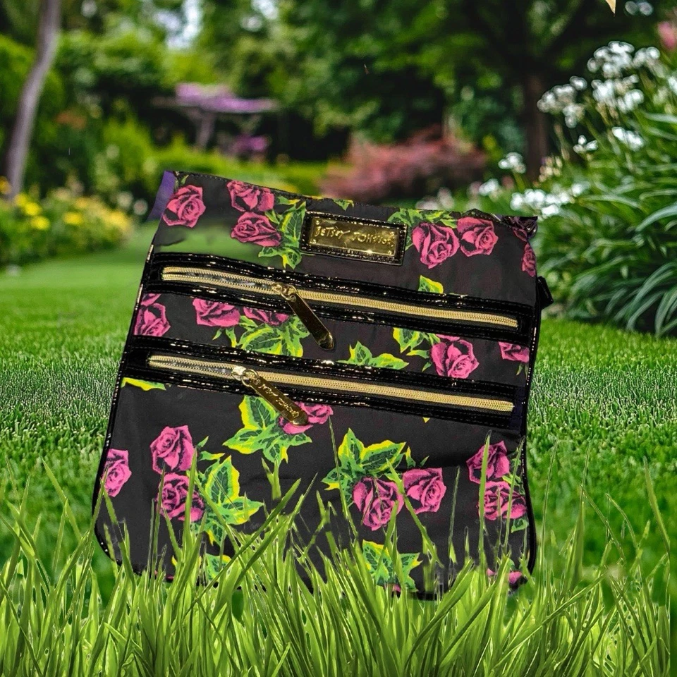 Betsey Johnson Hot Pink Rose Floral Black 3 Zippers Gold HDW Crossbody Bag Strap - Image 1 of 4