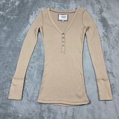 Top De Colección Abercrombie & Fitch Mujer L Beige Henley Acanalado Cuello en V Y2K Bella Swan Foto 1 de 4
