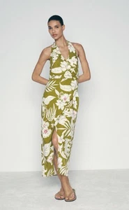 Zara Green Linen Blend Floral Print Wrap Halter Neck Midi Dress Size L. 8225/711 - Picture 1 of 9
