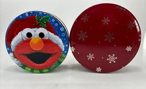 Christmas Red White Snowflake & Elmo Metal Round Holiday Cookie Tin Lot of 2 - Picture 1 of 10
