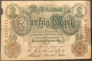 Banknote - 1910 Germany 50 Marks P#41 circulated, underprint 'K', Germania (obv) - Picture 1 of 2
