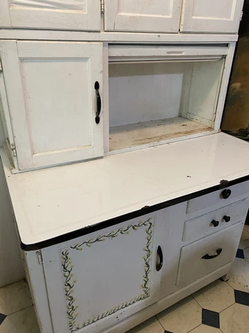 Antique Hoosier Kitchen Cabinet With Flour Sugar Sifter Bread Drawer Enamel Top Cover