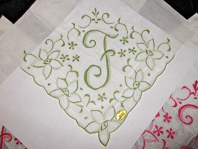 MONOGRAM "F" Handmade*HANKY*VIOLET-GREEN-PINK-RED-CREAMY BEIGE*Wedding*NOS* - Image 1 of 4
