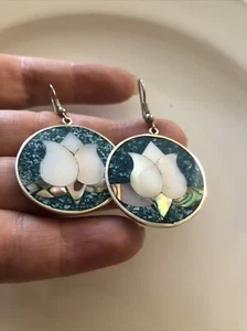 Pendientes colgantes de alpaca México de colección sin trapear plata flor de loto turquesa triturada - Imagen 1 de 3