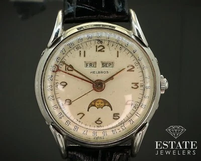 Vintage Helbros Triple Calendar Moonphase Cal. 211 Stainless Mens Watch i16354 - Image 1 of 4