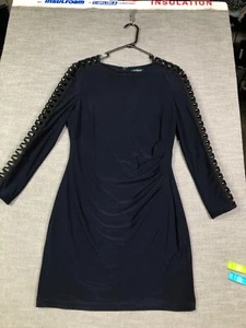 LRL Ralph Lauren Sheath Dress Womens 12 Blue Braided Sleeves Zip Up Midi - Picture 1 of 16