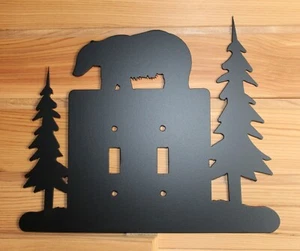 BEAR an 2 TREES Double Light Switch Plate Cover Rustic Cabin Plasma Metal Art - Picture 1 of 2
