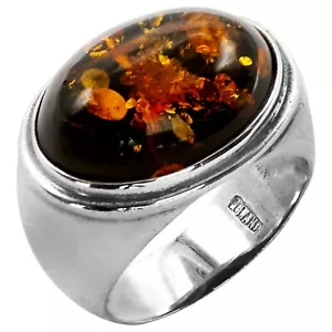 925 Solid Sterling Silver Baltic Green Amber Classic Oval Beautiful Ring Size 6 - Picture 1 of 3