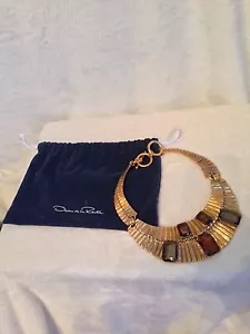 OSCAR DE LA RENTA Russian Gold-Tone Ribbed Collar Necklace, 5 STONES BROWN GREEN - Picture 1 of 12