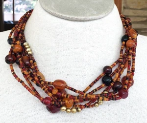 Vtg Acrylic Brown Amber Cherry Gold Tone Bead Multi Strand Choker Necklace 19" - Picture 1 of 5