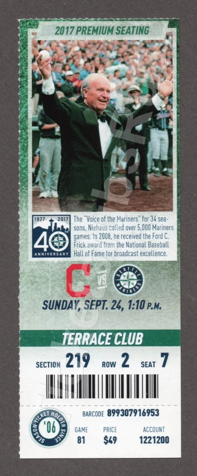2017 Seattle Mariners vs Cleveland Indians 9/24 MINT CLUB Ticket DAVE NIEHAUS - Image 1 of 1