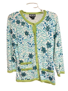 BEREK TAKAKO SAKON Turq Blue Green Floral Embellished CARDIGAN SWEATER M - Picture 1 of 14