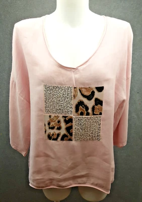 La Strada Italy Pink V-neck  Animal Sequin Print Detail Linen  Cotton Blend Top - image 1 of 4