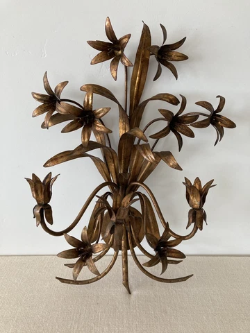 Italian Tole Gilt Gold Lily 3 Candle Sconce Mid Century Floral Cover