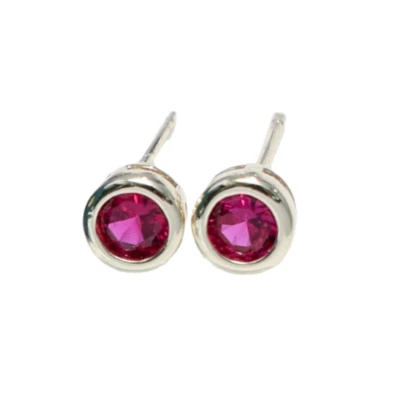 925 Sterling Silver 4mm Ruby Bezel Earrings Gemstone Yellow Gold Plated - Image 1 of 2
