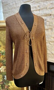 NWT TanJay Tie Cardigan Metalic Sparkle Bronze Beaded Sweater Size Medium Glitte - Picture 1 of 17