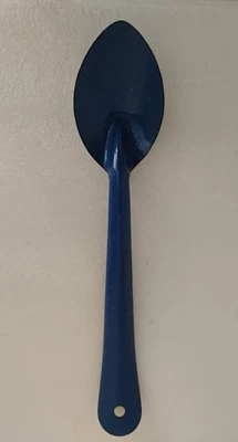 Vtg White Speckled Blue Enamelware Metal Serving Spoon Farmhouse Kitchen 12"  - Image 1 of 4