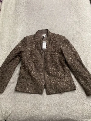 Chico's Women Rose Sequin Long Sleeve Open Front Lined Jacket Taupe Size 1 (US 8 - Image 1 of 4
