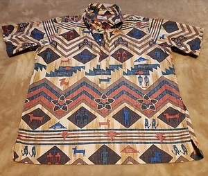 Reyn Spooner mens pullover polo Hawaiian shirt LARGE Aztec hieroglyphics - Picture 1 of 5