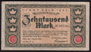 Germany Koeln 10000 Mark 1923 Vintage Old Emergency Paper Money Banknote VF - Picture 1 of 2