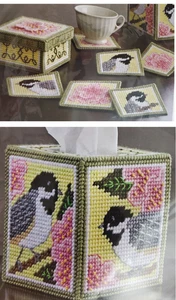 Mary Maxim Chickadee Tissue Box Cover 25071 or Coaster set 25075 plastic canvas - Picture 1 of 3