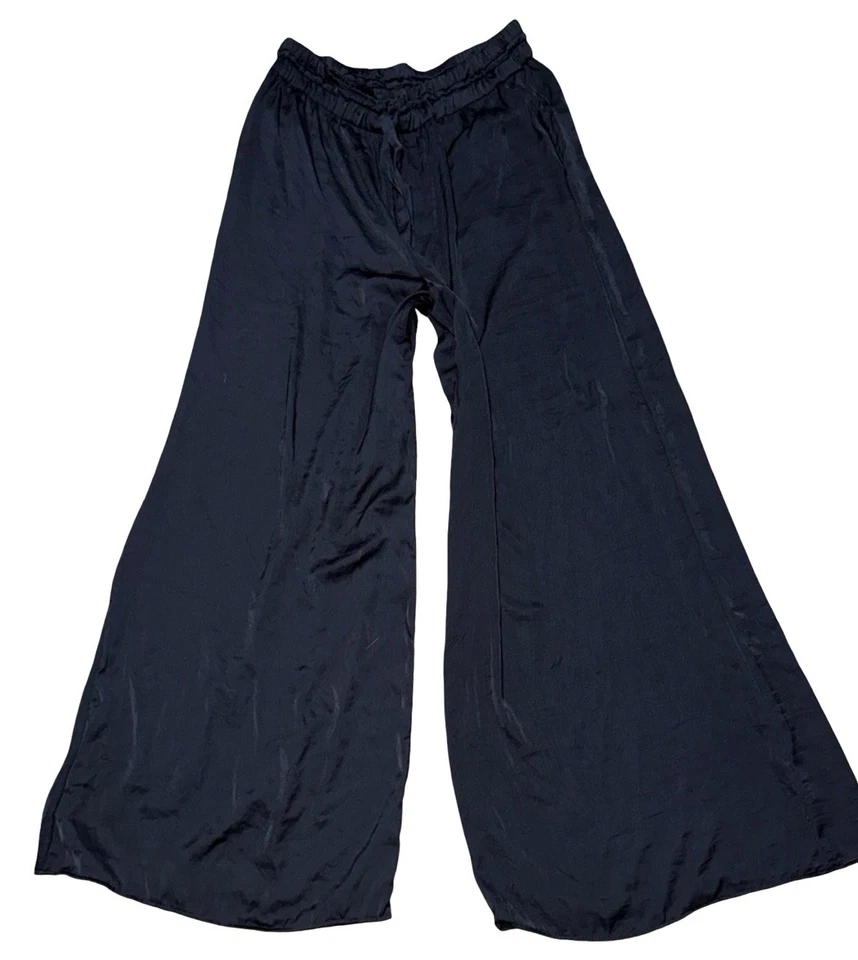 Pantalones Zara de satén de pierna ancha para mujer L grandes negros cintura alta con cordón Foto 1 de 4