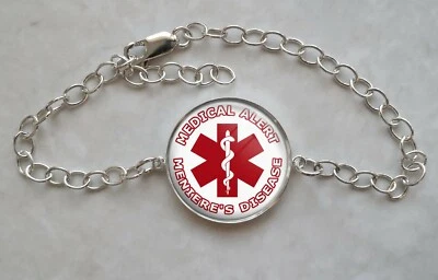 Brazalete ajustable de plata de ley 925 con alerta médica de la enfermedad de Meniere  Foto 1 de 2