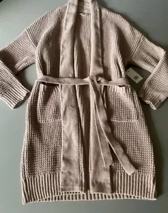 Jason Wu Women’s Size L Beige Waffle Knit Cardigan Duster L/S Tie Shawl NWT - Picture 1 of 22