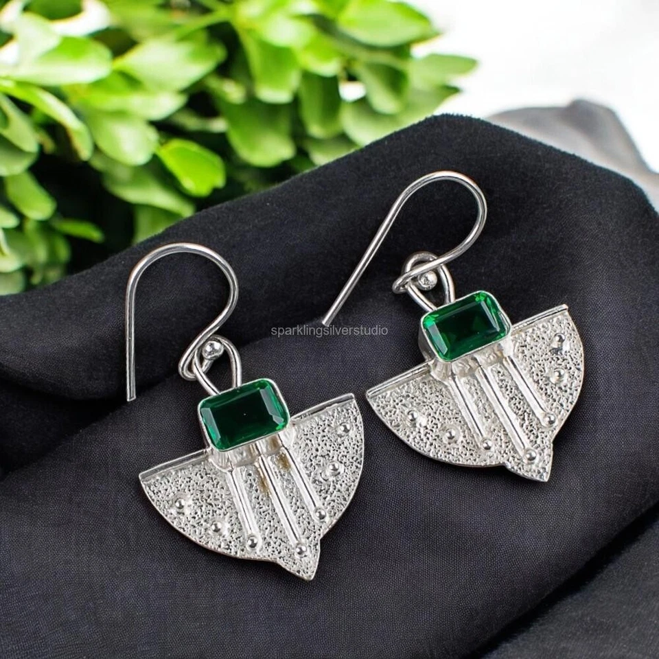 GREEN EMERALD Gemstone Dangling Mothers Gift Earrings Jewelry Sterling Silver - Image 1 of 4
