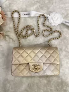 ๐ฆ 22C CHANEL Classic Mini Rectangle Iridescent Goatskin Glitter Beige Gold Bag - Picture 1 of 9