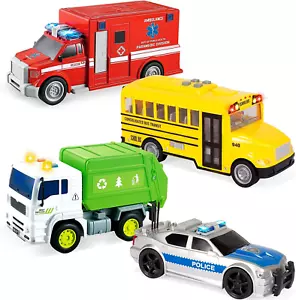4 Pcs 7" Long Vehicle Toy Set, Toddlers Cars with Lights and Siren Sound, Includ - Picture 1 of 12