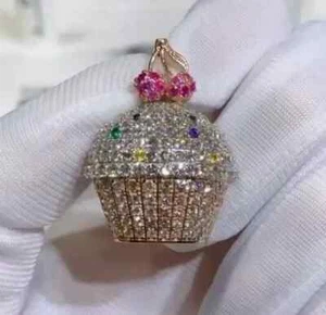 2.90Ct Round Cut Real Moissanite Sweet Cup Cake Pendant 14k Two Tone Gold Plated - Picture 1 of 10