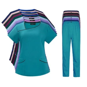 2pcs-Damen Schlupfjacke Pflegerkleidung Schwesternkittel Kasack Pflege Tops+Hose - Bild 1 von 21