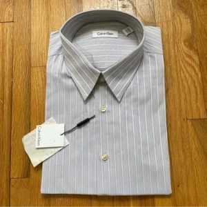 Calvin Klein Men’s Gray Button Down Shirt With White and Purple Pin Stripes - Picture 1 of 6