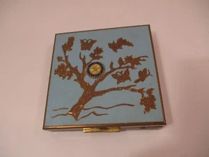 Vintage Fifth Avenue Brass Compact Pocket Makeup Powder Case Blue Butterflies - Picture 1 of 6