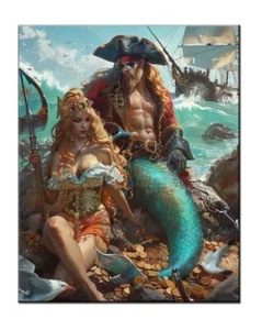Pirate And Mermaid Giclée Print,Love Romance Painting,Ocean Wall Art Decor,02 - Picture 1 of 8