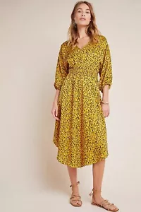 Anthropologie Marigold Midi Dress Floral Yellow V Neck Puff Sleeves Size Small - Picture 1 of 16