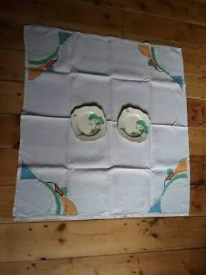 Vintage Art Deco Clarice Cliff Style Cottage Tablecloth & Pair of Plates - Image 1 of 4