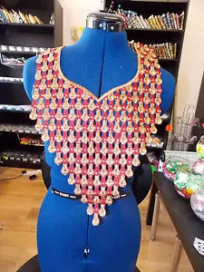 wine crystal sequin lace collar YOKE chest applique motif moroccan arab asian - Picture 1 of 1
