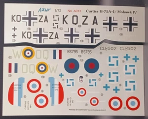 Azul | Nº Calcomanías A013 | 1:72 Curtiss H-75 A-4/Mohawk IV - Imagen 1 de 1