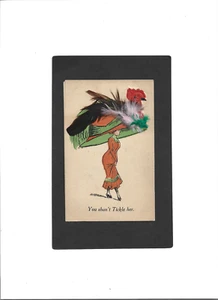 ROMANCE PC "You Shan't Tickle Her" Message-Never Mailed REAL Feathers in Hat - Picture 1 of 2