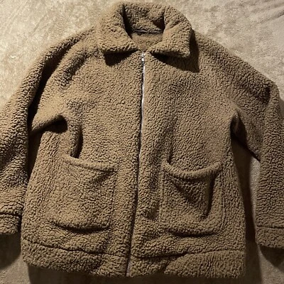 Chaqueta de peluche para mujer talla grande oso polar cremallera camel marrón tostado parche bolsillos Foto 1 de 4
