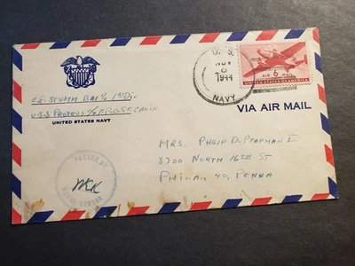 USS PROTEUS AS-19 Naval Cover 1944 Censored WWII Sailor's Mail - Image 1 of 2